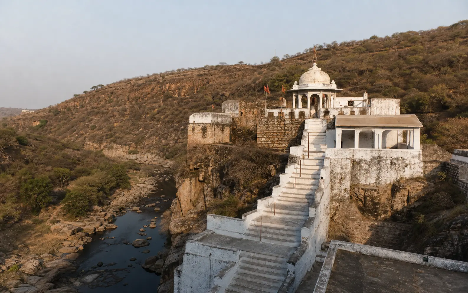 Temple on a rocky ravine, typical of the Kaila Devi route near Karauli
