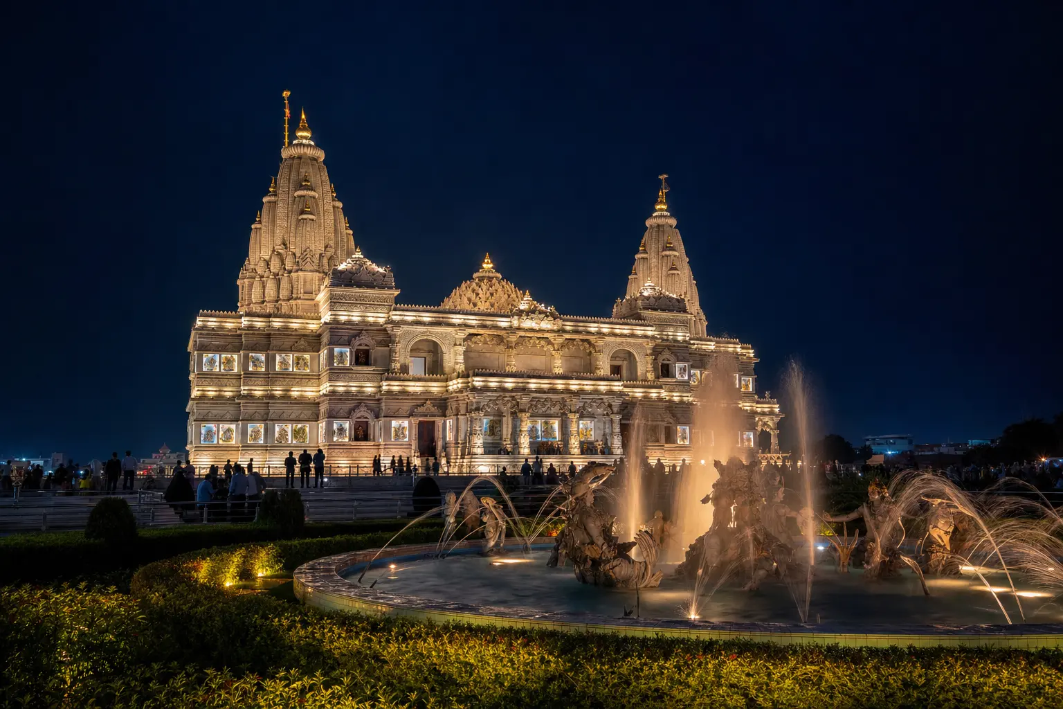 Prem Mandir illuminated at night, Vrindavan